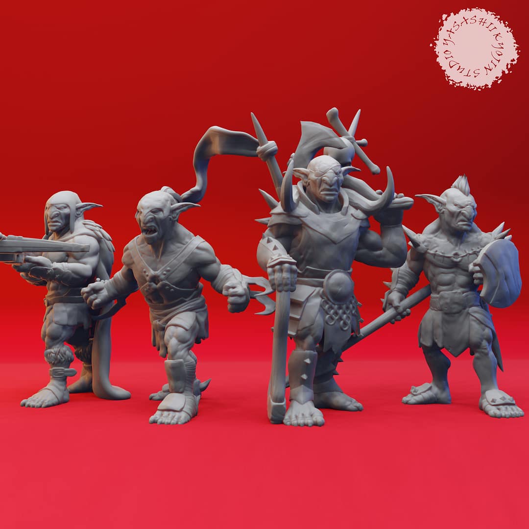 Seven resin Goblin miniatures—Clawed, Crossbow, Spear, Sword, Warchief, and Goblin King—each posed with unique weapons and armor, sculpted by Yasashii Kyojin Studio and displayed against a red background