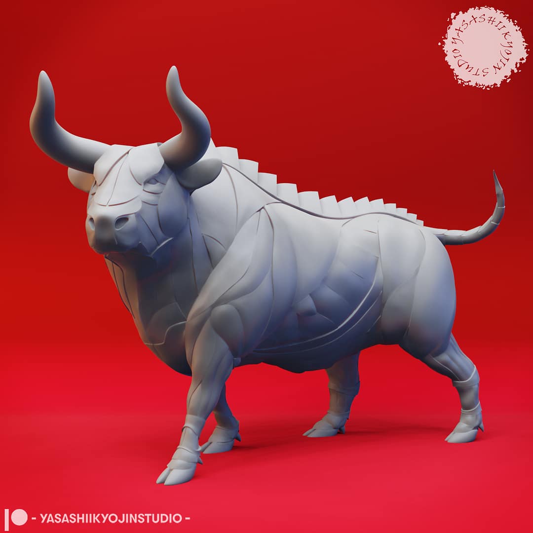 Two resin Gorgon miniatures—one in an alert pose and one in a charging pose—armored, bull-like creatures with ridged backs and large curved horns, sculpted by Yasashii Kyojin Studio and displayed against a red background