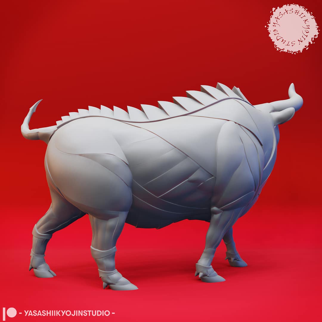 Two resin Gorgon miniatures—one in an alert pose and one in a charging pose—armored, bull-like creatures with ridged backs and large curved horns, sculpted by Yasashii Kyojin Studio and displayed against a red background