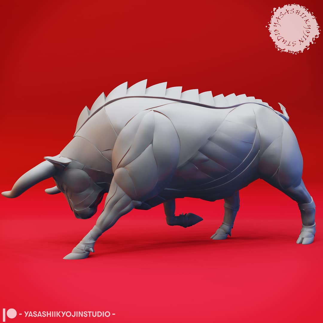 Two resin Gorgon miniatures—one in an alert pose and one in a charging pose—armored, bull-like creatures with ridged backs and large curved horns, sculpted by Yasashii Kyojin Studio and displayed against a red background