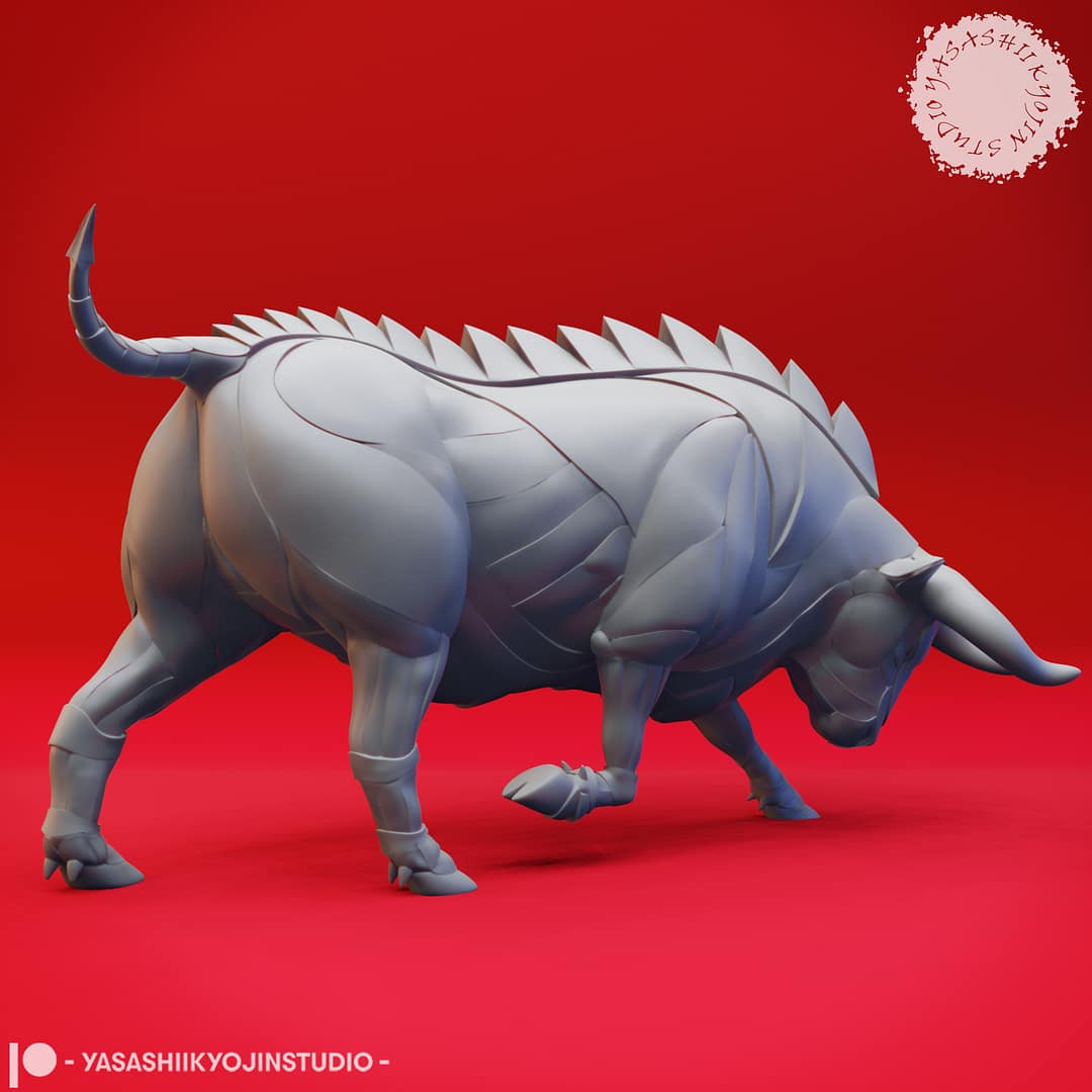 Two resin Gorgon miniatures—one in an alert pose and one in a charging pose—armored, bull-like creatures with ridged backs and large curved horns, sculpted by Yasashii Kyojin Studio and displayed against a red background