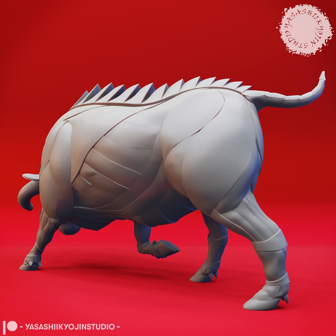 Two resin Gorgon miniatures—one in an alert pose and one in a charging pose—armored, bull-like creatures with ridged backs and large curved horns, sculpted by Yasashii Kyojin Studio and displayed against a red background