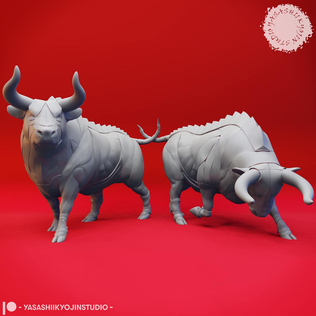 Two resin Gorgon miniatures—one in an alert pose and one in a charging pose—armored, bull-like creatures with ridged backs and large curved horns, sculpted by Yasashii Kyojin Studio and displayed against a red background