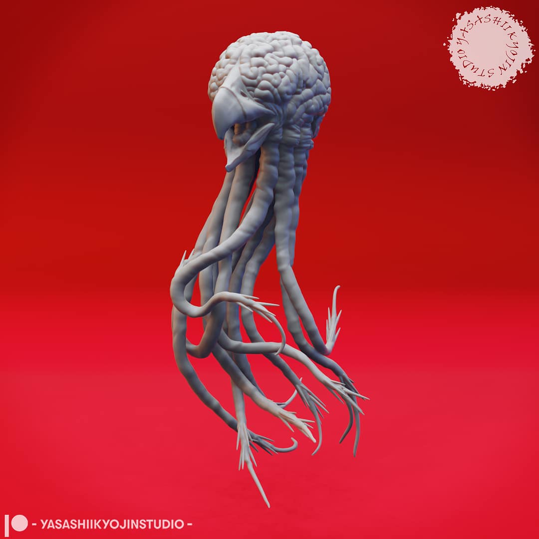 Two Grell resin miniatures—one floating upright and one diving downward—featuring brain-like bodies, hooked beaks, and long barbed tendrils, sculpted by Yasashii Kyojin Studio and displayed against a red background
