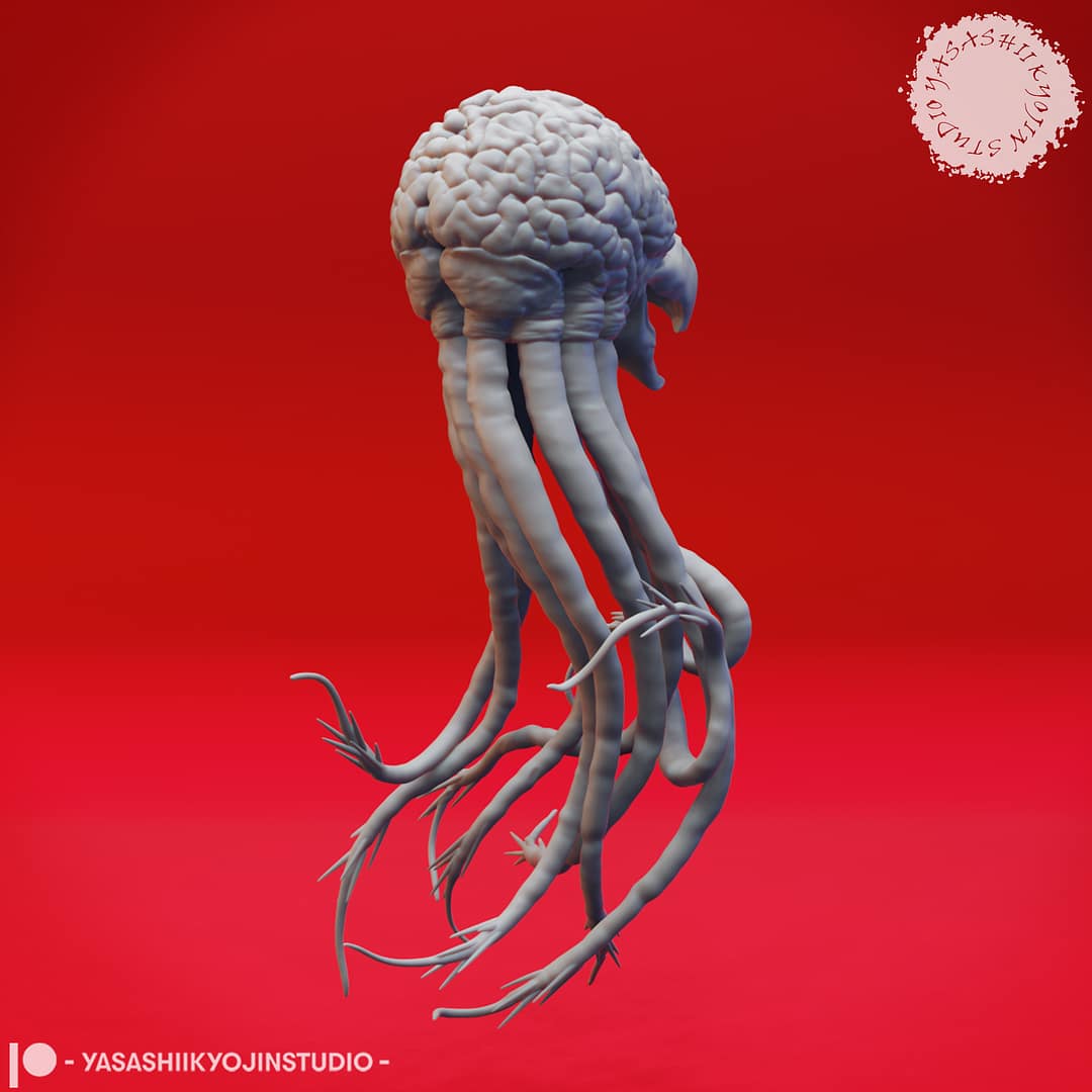 Two Grell resin miniatures—one floating upright and one diving downward—featuring brain-like bodies, hooked beaks, and long barbed tendrils, sculpted by Yasashii Kyojin Studio and displayed against a red background