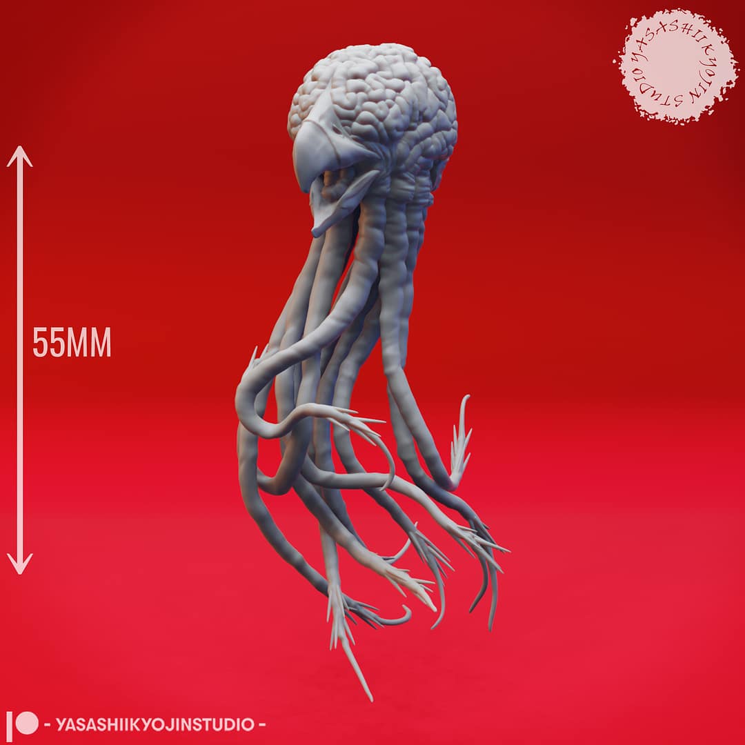 Two Grell resin miniatures—one floating upright and one diving downward—featuring brain-like bodies, hooked beaks, and long barbed tendrils, sculpted by Yasashii Kyojin Studio and displayed against a red background