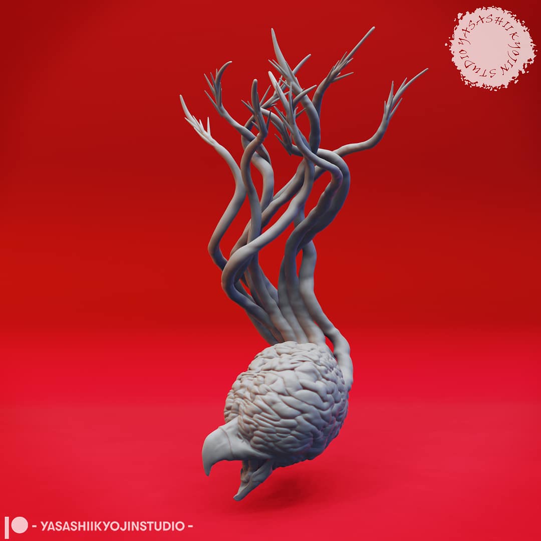 Two Grell resin miniatures—one floating upright and one diving downward—featuring brain-like bodies, hooked beaks, and long barbed tendrils, sculpted by Yasashii Kyojin Studio and displayed against a red background