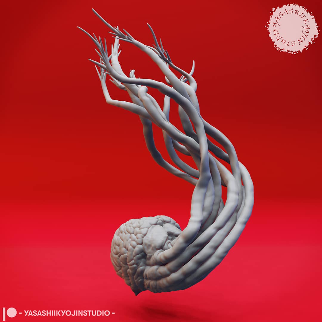 Two Grell resin miniatures—one floating upright and one diving downward—featuring brain-like bodies, hooked beaks, and long barbed tendrils, sculpted by Yasashii Kyojin Studio and displayed against a red background