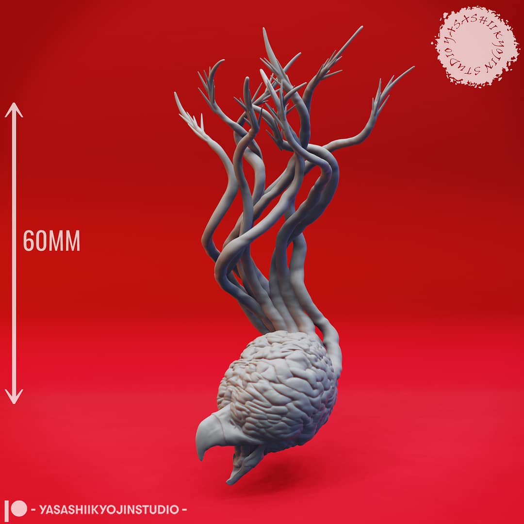 Two Grell resin miniatures—one floating upright and one diving downward—featuring brain-like bodies, hooked beaks, and long barbed tendrils, sculpted by Yasashii Kyojin Studio and displayed against a red background