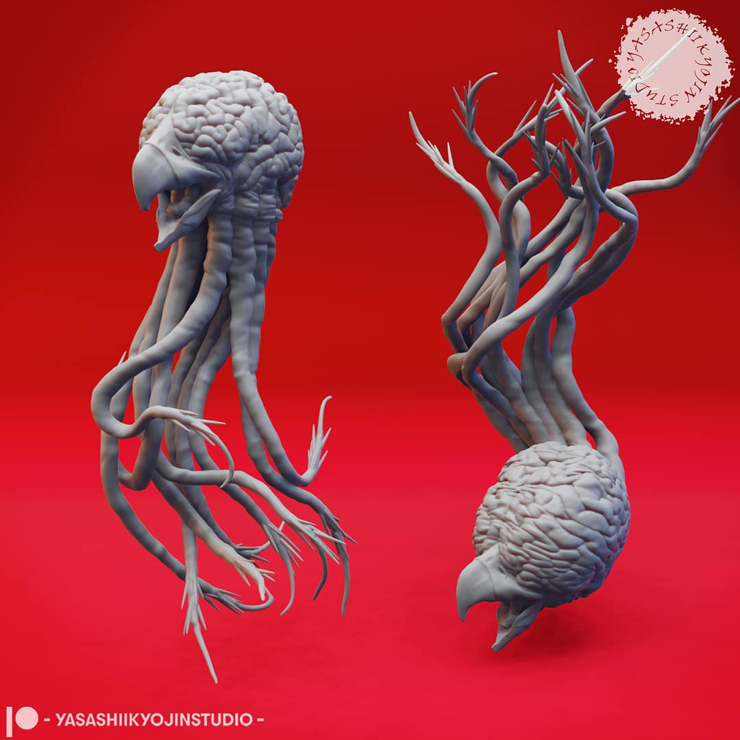 Two Grell resin miniatures—one floating upright and one diving downward—featuring brain-like bodies, hooked beaks, and long barbed tendrils, sculpted by Yasashii Kyojin Studio and displayed against a red background