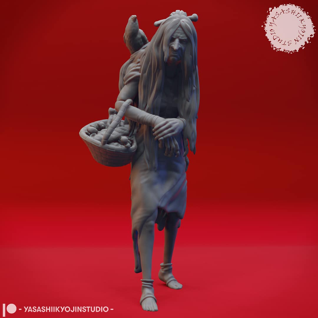 Resin Green Hag miniature featuring a hunched, long-haired crone carrying a woven basket and accompanied by a perched crow, sculpted by Yasashii Kyojin Studio and displayed against a red background
