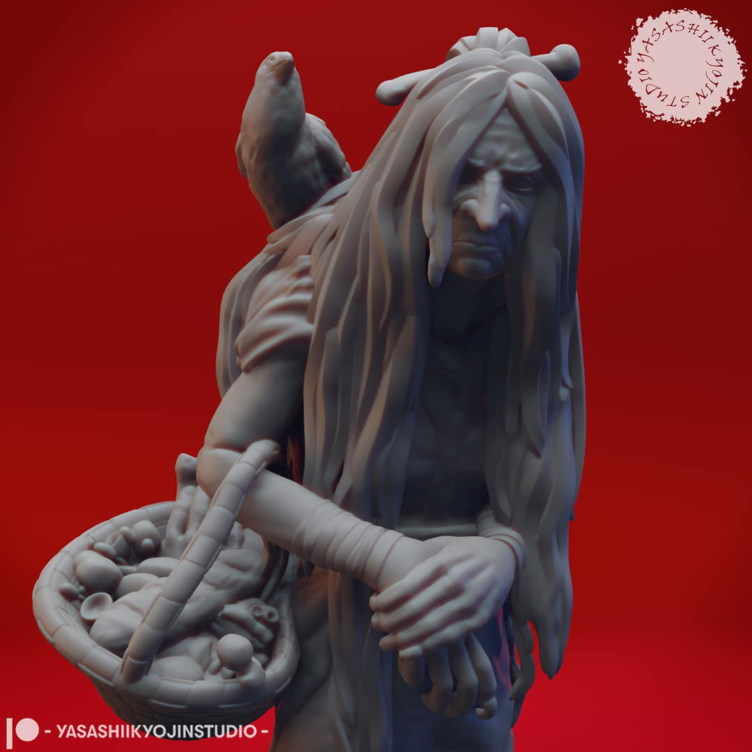 Resin Green Hag miniature featuring a hunched, long-haired crone carrying a woven basket and accompanied by a perched crow, sculpted by Yasashii Kyojin Studio and displayed against a red background