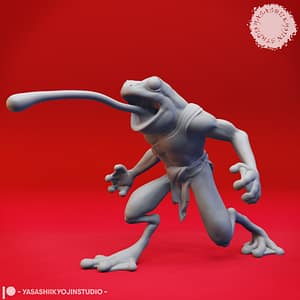 Bullywug miniature in a dynamic pose with a long tongue extending in mid-attack. Collect all of the Bullywug Warrior Miniatures!