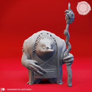 Echidna-Folk Miniature in Full View: A spiny, armored humanoid with a staff and rose detail, representing the Echidna-Folk miniature.