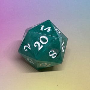 Emerald Titan D20 chonk die in vibrant emerald green with white numbering, displayed on a gradient background.