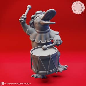 Platy-Folk Miniature drumming mid-performance in a playful costume