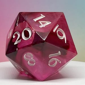 Rose Quartz Titan Chonk D20 with swirling rose hues and white numbering, displayed on a white base against a pink background.