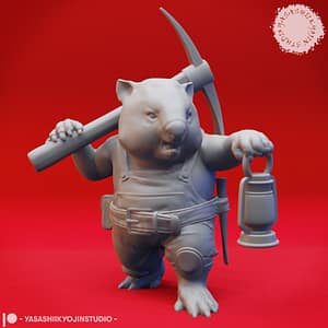 Wombat-Folk Miniature holding a pickaxe and lantern, ready to defend its burrow