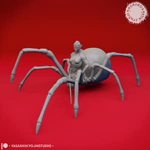 “Drider resin miniature by Yasashii Kyojin Studio, showing a drow upper body fused with a spider abdomen posed on eight legs against a red background.”