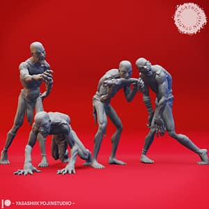 Four resin Ghoul miniatures—Walking, Crawling, Eating, and Reaching poses—depicting emaciated undead with gaunt limbs and feral expressions, sculpted by Yasashii Kyojin Studio and displayed against a red background