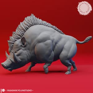 Resin miniature set featuring a massive muscled giant boar with large tusks alongside two smaller piglet miniatures, sculpted by Yasashii Kyojin Studio and displayed against a red background