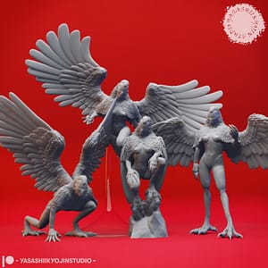 Harpy miniature with outstretched wings and taloned feet, standing on a round base, sculpted by Yasashii Kyojin Studio.