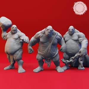 Ogre Warband Miniature Set A 3D-rendered resin miniature set featuring three brutish ogres posed for battle—one wielding a rock, another with fists clenched, and the third dragging heavy chains.