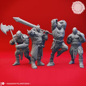 Orc Warlord Miniature – Savage Strength in Resin by Yasashii Kyojin Studio. A grayscale resin orc miniature wielding a massive double-headed axe, sculpted with muscular detail and spiked shoulder armour