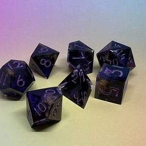 A one-of-a-kind dark resin dice set named Eclipse Veil, featuring black and violet swirls, resting on a soft gradient background.