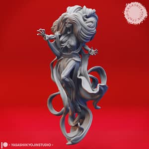 "A ghostly female miniature with flowing hair and tattered robes, floating mid-scream with ethereal tendrils, sculpted by Yasashii Kyojin Studio."