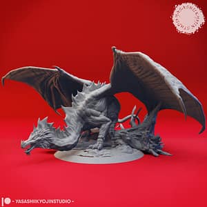 "A detailed miniature of an adult green dragon with sprawling wings and a fierce expression, sculpted by Yasashii Kyojin Studio."