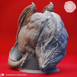 "3D-rendered sleeping dragon miniature curled on a treasure hoard with detailed wings and scales, sculpted by Yasashii Kyojin Studio."
