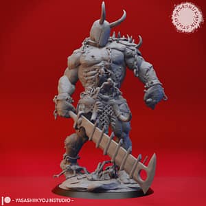"3D-rendered undead titan miniature with stitched-together corpses, massive cleaver blade, and chains, sculpted by Yasashii Kyojin Studio."