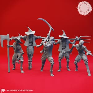 "3D-rendered scarecrow miniature with witch hat and tattered clothes, arms outstretched on a stake, sculpted by Yasashii Kyojin Studio."