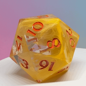 A handcrafted Chonky resin D20 named Sun-Kissed Slice of Chaos, featuring vibrant yellow resin with semi-clear sections and red inked numbers, glowing on a gradient backdrop.