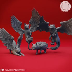 "A highly detailed Tressym Miniature – Winged Cat Familiar by Yasashii Kyojin Studio, showing a majestic flying cat with large feathered wings."