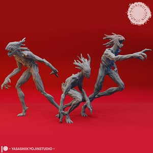 "3D-rendered twig blight miniature with clawed limbs and bark-like body, posed in a stalking stance against a red background."