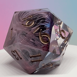 A handcrafted eldritch dice named Voidbloom—featuring purple resin with white swirling tendrils and gold inked numbers, glowing under soft light.
