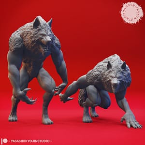 "Two muscular werewolf miniatures in dynamic poses with snarling expressions and clawed limbs, sculpted by Yasashii Kyojin Studio."
