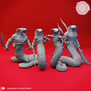 "Set of four serpentfolk warrior miniatures with humanoid cobra bodies, wielding swords, bows, and spears, sculpted by Yasashii Kyojin Studio."