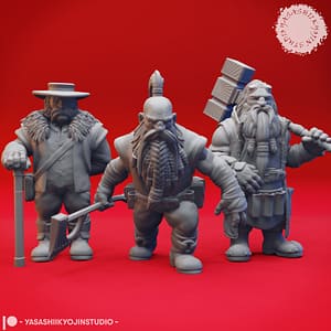 Dwarf Rockseeker Miniature Set. Three high-detail resin dwarf miniatures, each posed with weapons and signature beards, sculpted by Yasashii Kyojin Studio.