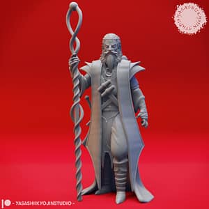 Evil Mage Miniature – Dark Sorcerer of the Spiral Staff by Yasashii Kyojin Studio. Grayscale resin miniature of a bearded male mage holding a tall, twisted spiral staff, wearing flowing robes with scrolls across his chest.