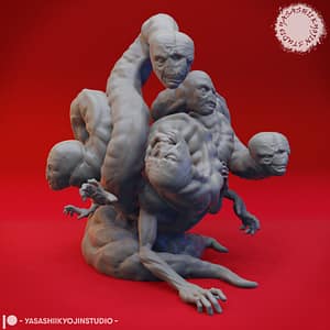 Grayscale 3D-printed miniature of a False Hydra creature featuring a twisted, serpentine body and multiple humanoid heads with haunting expressions, posed against a red background.