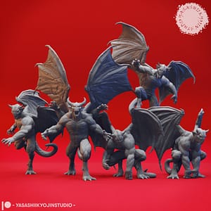 Five dynamic resin miniatures from the Gargoyle Miniature Set by Yasashii Kyojin Studio, featuring 32mm scale gothic stone guardians with outstretched wings and fierce poses.