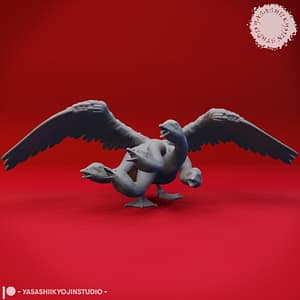 Goose Hydra Miniature by Yasashii Kyojin Studio – six-headed goose monster with wings spread wide