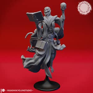 Lich Miniature A grayscale 3D-rendered miniature of a skeletal lich levitating with swirling robes, holding a spellbook in one hand and a skull in the other, set against a red background.