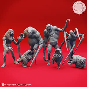 Sorrowsworn Miniature Set A group of six unpainted resin Sorrowsworn miniatures in terrifying, grotesque poses, ideal for dark fantasy TTRPG encounters.