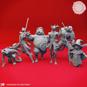 A group of six detailed resin Tabaxi miniatures in dynamic poses, including a bard, rogue, wizard, monk, ranger, and fighter, all posed against a red background.