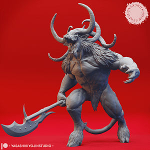 “Baphomet resin miniature by Yasashii Kyojin Studio, showing a muscular horned demon wielding a massive infernal glaive, posed against a red background.”
