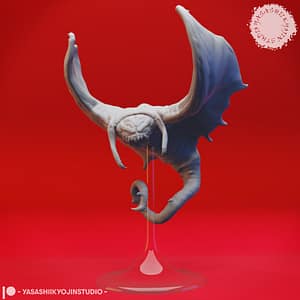 “Cloaker resin miniature by Yasashii Kyojin Studio, showing a winged subterranean creature swooping downward with tendrils extended, displayed against a red background.”